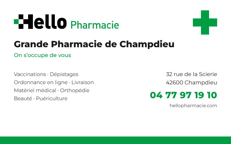 Carte de visite Grande Pharmacie de Champdieu, Hello Pharmacie